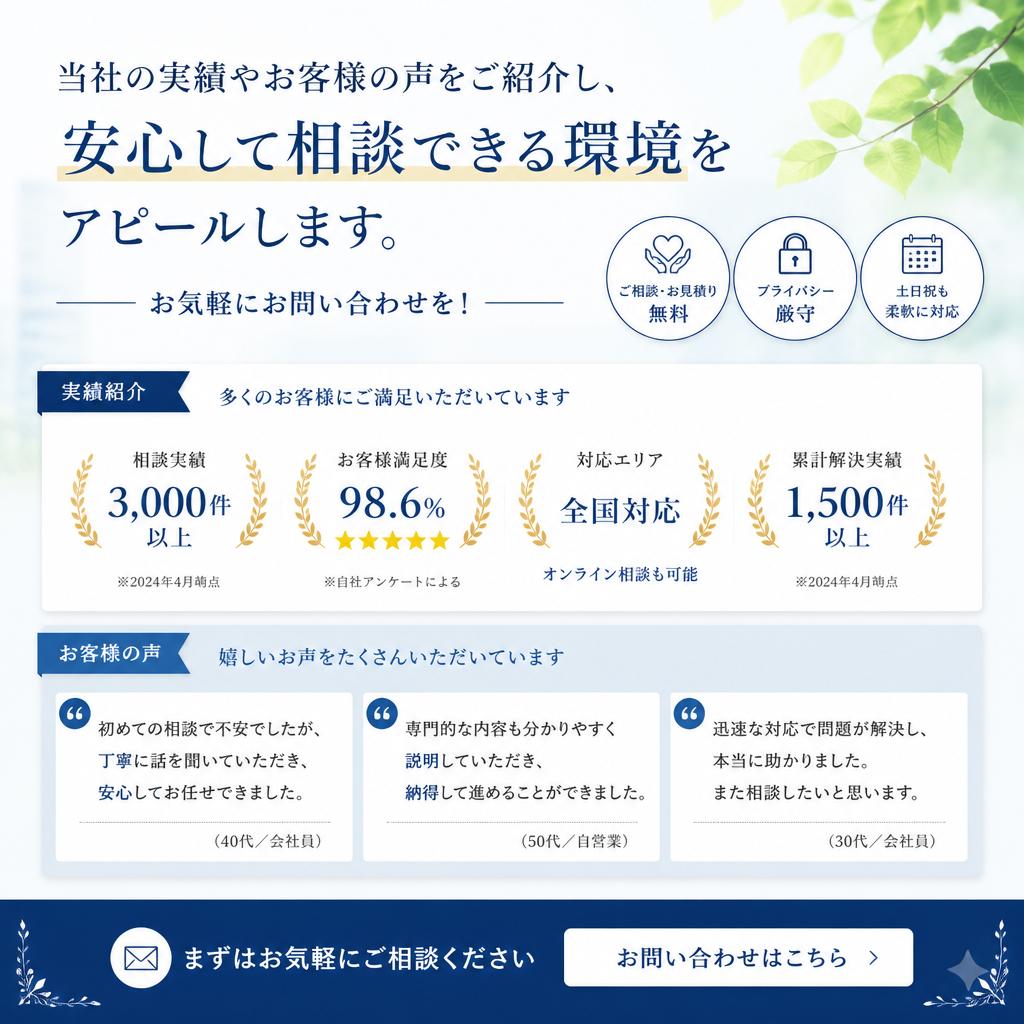 お客様の声と実績：信頼の証、ぜひ相談を